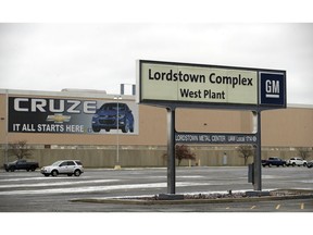 FILE - This Nov. 27, 2018 file photo, shows the General Motors Lordstown West plant in Lordstown, Ohio. General Motors' sprawling Lordstown assembly plant near Youngstown is about to end production of the Chevrolet Cruze sedan, ending for now more than 50 years of auto manufacturing at the site. The jobs of over 1,000 hourly workers will be eliminated when production ends Wednesday afternoon, March 6, 2019, and a contingent of workers finish making replacement parts like hoods and fenders sometime later this month.