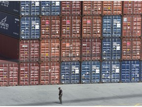 Shipping containers are seen at the Fairview Cove Container Terminal in Halifax on August 25, 2017. Statistics Canada says wholesale sales climbed 0.6 per cent to $63.5 billion in January to mark a second consecutive monthly gain.