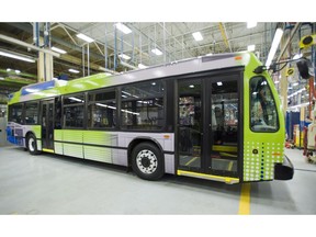 An electric bus is shown at the Nova Bus production plant in St. Eustache, Que., on March 7, 2012. A new report by a green energy think-tank calls for increased investment in electric buses to both reduce emissions and boost Canada's growing manufacturing base of the vehicles.