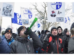 Aluminerie Becancour (ABI) locked out workers demonstrate at the legislature in Quebec City, Wednesday, February 7, 2018. Workers of the ABI were forced into a lock out from their employer on Jan. 11, 2018.