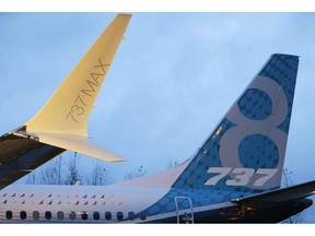 A winglet and the vertical stabilizer of the first Boeing 737 MAX airplane to roll off Boeing's assembly line in Renton, Wash., are shown before an employee-only rollout event.