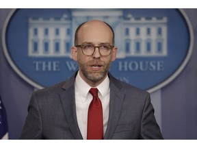 Acting OMB Director Russ Vought speaks during a press briefing at the White House, Monday, March 11, 2019, in Washington.