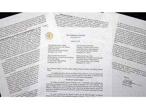 A copy of a letter from Attorney General William Barr advising Congress of the principal conclusions reached by Special Counsel Robert Mueller, is shown Sunday, March 24, 2019 in Washington.