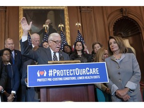 House Majority Leader Steny Hoyer, D-Md., joined at right by Speaker of the House Nancy Pelosi, D-Calif., speaks at an event to announce legislation to lower health care costs and protect people with pre-existing medical conditions, at the Capitol in Washington, Tuesday, March 26, 2019. The Democratic action comes after the Trump administration told a federal appeals court that the entire Affordable Care Act, known as "Obamacare," should be struck down as unconstitutional.