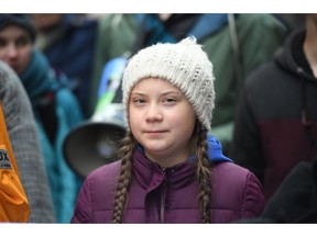 Swedish climate activist Greta Thunberg attends a protest rally in Hamburg, Germany, Friday, March 1, 2019.