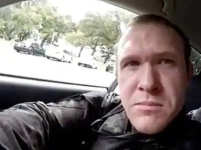 This image grab from a self-shot video that was streamed on Facebook Live on Friday, March 15, 2019 by the man who was involved in two mosque shootings in Christchurch shows the man in his car before he entered the Masjid al Noor mosque.