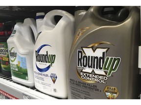 FILE - In this Sunday, Feb. 24, 2019 file photo, containers of Roundup are displayed on a store shelf in San Francisco. A jury in federal court in San Francisco has concluded that Roundup weed killer was a substantial factor in a California man's cancer. The unanimous verdict on Tuesday, March 19, 2019, came in a trial that plaintiffs' attorneys said could help determine the fate of hundreds of similar lawsuits against Roundup's manufacturer, agribusiness giant Monsanto.