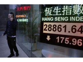 A man walks past an electronic board showing Hong Kong share index outside a local bank in Hong Kong, Thursday, March 7, 2019. Asian shares were mostly lower Thursday as optimism about progress in trade talks between the U.S. and China started wearing off.