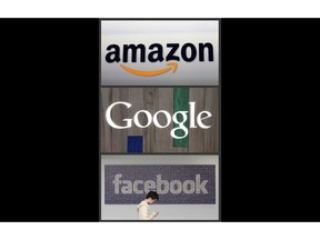 FILE - This photo combo of images shows the Amazon, Google and Facebook logos. A review into competition in the U.K.'s digital market says the country needs tough new rules to help counter the dominance of big tech giants like Facebook, Google and Amazon. The independent review published Wednesday, March 13, 2019 says global tech giants don't face enough competition and that existing rules are outdated and need to be beefed up.