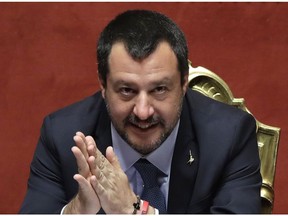 FILE - In this file photo dated Wednesday, March 20, 2019, Italian Interior Minister Matteo Salvini at the Italian Senate, in Rome. Migrants hijacked a cargo ship in Libyan waters on Wednesday March 27, 2019, and have forced the crew to reroute the vessel north toward Europe, and Italian Interior Minister Salvini said the ship, was carrying around 120 migrants, but Italian authorities vowed they would not allow it into their territorial waters.