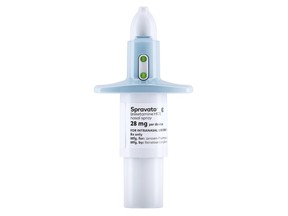 This photo provided by Janssen Global Services shows Spravato nasal spray. Spravato, a mind-altering medication related to the club drug Special K, won U.S. approval Tuesday, March 5, 2019, for patients with hard-to-treat depression, the first in a series of long-overlooked substances being reconsidered for severe forms of mental illness. (Janssen Global Services via AP)