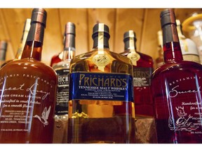 FILE - In this March 19, 2015 file photo, bottles of spirits are on display at the Prichard's Distillery in Nashville, Tenn. A spirits industry trade group says the tariff-induced hangover for American whiskey producers became more painful in late 2018. The Distilled Spirits Council said Thursday, March 20, 2019  that a downturn in American whiskey exports accelerated at the end of last year, especially in the European Union _ the industry's biggest overseas market.