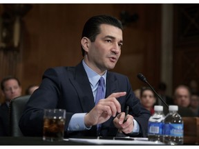 FILE - In this April 5, 2017, file photo, Dr. Scott Gottlieb speaks during his confirmation hearing before a Senate committee, in Washington, as President Donald Trump's nominee to head the Food and Drug Administration. The Food and Drug Administration Commissioner is stepping down after nearly two years leading the agency. Health and Human Services Secretary Alex Azar announced Gottlieb's plan resignation in a statement Tuesday, March 5, 2019.