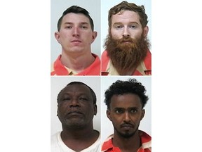 This combo from photos provided by the Osage County Oklahoma Sheriffs Office shows shows from top left,  David Dirksen,  Andrew Ross, bottom from left, Tadesse Deneke and Farah Warsame.  At least five truck drivers or security guards traveling with cannabis shipments certified in their originating states as industrial hemp have been arrested and charged with felony drug trafficking. Thousands of pounds of cannabis worth millions remain in warehouses in Oklahoma and Idaho as evidence while the legal cases play out.  (Osage County Oklahoma Sheriffs Office via AP)
