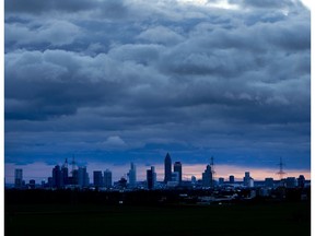Dark clouds hang over the city with its bank buildings in Frankfurt, Germany, on a windy Thursday morning, March 7, 2019.