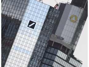 File-Picture taken March 11, 2019 shows the head offices of Deutsche Bank, left, and Commerzbank, right.