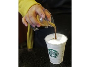 In this March 5, 2019, photo Esmeralda Chapparro, a Starbucks barista, makes a Cloud Macchiato coffee drink as she works at a store in the company's headquarters building in Seattle's SODO neighborhood. The new drink was introduced earlier in the month.