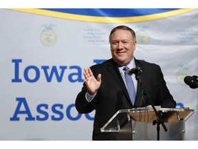 In this Monday, March 4, 2019, photo, U.S. Secretary of State Mike Pompeo speaks to the Future Farmers of America and Johnston High School students in Johnston, Iowa. President Donald Trump's willingness to engage in international trade fights has set off volleys of retaliatory tariffs that are driving down the price of pork, corn and soybeans in Iowa and elsewhere. Pompeo sought to calm some of those nerves Monday even as he warned that Chinese theft of technology affects agriculture, too. "The good news is this _ help is on the way," Pompeo said.