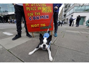 A demonstrator holds a dog on a leash as people start gathering for a Peoples Vote anti-Brexit march in London, Saturday, March 23, 2019. The march, organized by the People's Vote campaign is calling for a final vote on any proposed Brexit deal. This week the EU has granted Britain's Prime Minister Theresa May a delay to the Brexit process.