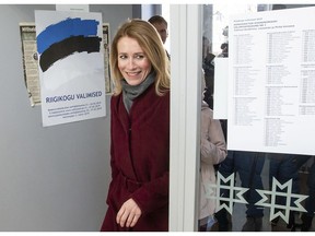 Chairwoman of the Reform Party Kaja Kallas arrives at a polling station during a parliamentary elections in Tallinn, Estonia, Sunday, March 3, 2019. Estonians are voting in a parliamentary election Sunday in the small Baltic nation in a ballot where Prime Minister Juri Ratas and his Center Party are pitted against the center-right opposition Reform Party and where populists are seen making inroads.