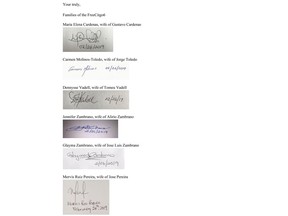 This photo shows the signatures of an Feb. 26, 2019 letter provided by Cristina Vadell to The Associated Press asking the chairwoman of CITGO for assistance by the families of American oil executives jailed for 16 months in Venezuela without a trial. The pleas for assistance have gone unanswered from the Houston-based employer's new management--despite CITGO's fresh alignment with the U.S. in a battle to remove President Nicolas Maduro. (Letter courtesy of Cristina Vadell via AP Photo)