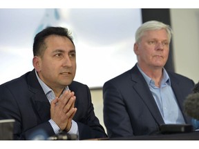 From left, Fidel Narvaez, former consul of Ecuador to London and Kristinn Hrafnsson, Editor-in-chief of WikiLeaks take part in a press briefing for WikiLeaks founder Julian Assange at Doughty Street Chambers,  in London, Wednesday, April 10, 2019. Assange hasn't left the Ecuadorian embassy since August 2012.