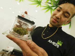 An Ameri employee shows off some of the cannabis for sale inside the shop.