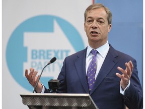 British MEP Nigel Farage speaks during the launch of the Brexit Party's European election campaign, Coventry, England, Friday, April 12, 2019. On Friday, Nigel Farage launched the campaign of his newly formed Brexit Party. The former U.K. Independence Party leader said delays to Brexit were "a willful betrayal of the greatest democratic exercise in the history of this nation."