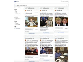 In this screenshot made from a Facebook page, a search result for "solar energy governor" in Facebook's Ad Archive shows ads that were falsely promising social media users that they could "get paid to go solar." Hundreds of ads running on Facebook for more than a year promised that governors across the country had signed off on big tax breaks for U.S. homeowners who wanted to install new solar energy panels. But the tax incentives didn't exist. (Facebook via AP)