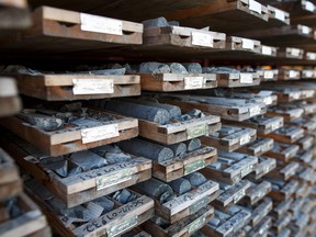 A local geologist's collection of core samples sit on display in Cobalt, Ontario.