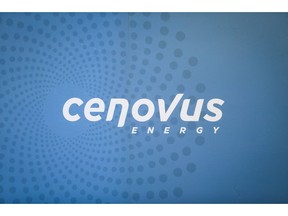 The Cenovus Energy logo is seen at the company's headquarters in Calgary, Alta., on November 15, 2017. Cenovus Energy Inc. reported a profit of $110 million in its first quarter compared with a loss a year ago as it benefited by improved prices for western Canadian oil.THE CANADIAN PRESS/Jeff McIntosh