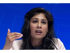 Chief Economist and Director of Research Department at the IMF, Gita Gopinath, speaks during a news conference at the World Bank/IMF Spring Meetings, in Washington, Tuesday, April 9, 2019.