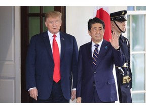 President Donald Trump welcomes  Japanese Prime Minister Shinzo Abe to the White House in Washington, Friday, April 26, 2019.