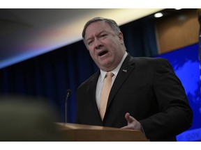 Secretary of State Mike Pompeo speaks during a news conference on Monday, April 22, 2019, at the Department of State in Washington. The Trump administration on Monday told five nations -- Japan, South Korea, Turkey, China and India -- that they will no longer be exempt from U.S. sanctions if they continue to import oil from Iran.