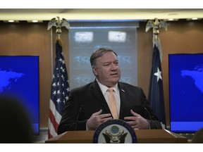 Secretary of State Mike Pompeo speaks during a news conference on Monday, April 22, 2019, at the Department of State in Washington.