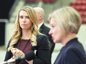 Cheryl Oates, left, spokesperson for Rachel Notley, has been named in a lawsuit also targeting Notley and MLA Sarah Hoffman, deputy premier in the last NDP government, for alleged defamation over contract cancellations in the power market in 2015 and 2016.