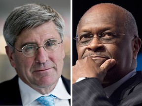 President Donald Trump says he’s nominating two supporters Stephen Moore, right, and Herman Cain, left, for a seat on the Federal Reserve Board.
