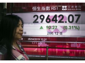 A woman walks past a bank electronic board showing the Hong Kong share index at Hong Kong Stock Exchange Friday, April 26, 2019. Shares were mostly lower in Asia on Friday after an overnight decline on Wall Street spurred by disappointingly weak earnings reports from 3M and other industrial companies.
