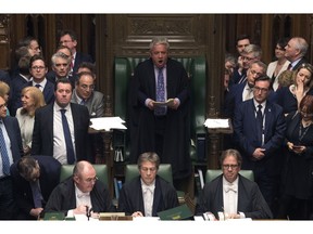 In this photo provided by the UK Parliament, Britain's Speaker John Bercow addresses MP's in the Palace of Westminster in London, Wednesday, April 3, 2019. A Brexit-related vote in Britain's House of Commons on Wednesday ended in a tie, the first time that has happened in a quarter-century. Under Parliament's rules, the speaker of the House has tie-breaking power. Speaker John Bercow cast his vote with the noes. He said that was in keeping with the principle that "it is not for the chair to create a majority that otherwise doesn't exist."