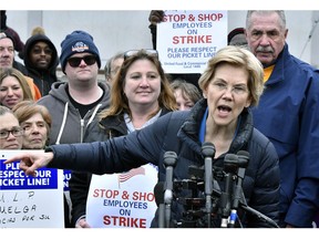 Democratic Presidential hopeful, Sen. Elizabeth Warren, D-Mass., speaks after she joined striking Stop & Shop supermarket employees on the picket line on Friday, April 12, 2019, in Somerville, Mass. Unionized workers in three states walked off the job on Thursday over stalled contract negotiations.