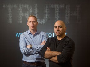 Magnet Forensics CEO Adam Belsher, left, and founder and Chief Technology Officer Jad Saliba, right, pose for a portrait in the Magnet Forensics offices in Waterloo, Ont. on Wednesday, January 27, 2016.