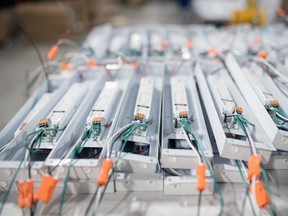 Electrical components for light-emitting diode (LED) fixtures sit in a stack at the Delviro Energy production facility in Toronto.