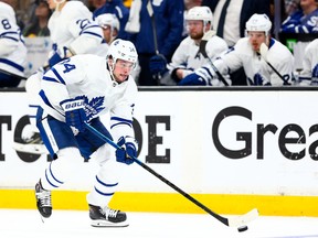 Auston Matthews #34 of the Toronto Maple Leafs skates with the puck during a game against the Boston Bruins in Game Two of the Eastern Conference First Round during the 2019 NHL Stanley Cup Playoffs at TD Garden on April 13, 2019 in Boston, Massachusetts.