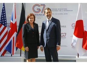 U.S. Homeland Security official Claire Grady, left, is welcomed by French Interior Minister Christophe Castaner for a G7 meeting at ministerial level in Paris, Thursday April 4, 2019. Foreign and interior ministers from the Group of Seven are gathering in France this week to try to find ambitious solutions to world security challenges. Putting a dampener on that are two glaring American absences: U.S. Secretary of State Mike Pompeo and Homeland Security Secretary Kirstjen Nielsen.