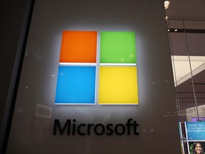 The Microsoft logo outside a store in Florida.
