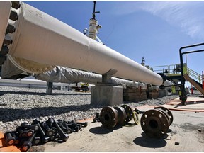 FILE - In this June 8, 2017, file photo, fresh nuts, bolts and fittings are ready to be added to the east leg of the pipeline near St. Ignace, Mich., as Enbridge Inc., prepares to test the east and west sides of the Line 5 pipeline under the Straits of Mackinac in Mackinaw City, Mich. A federal judge has ordered The Pipeline and Hazardous Materials Safety Administration to take a closer look at pipeline company Enbridge's plans for dealing with a potential oil spill in the waterway connecting Lakes Huron and Michigan. In a ruling Friday, March 29, 2019, U.S. District Judge Mark Goldsmith instructed the agency to provide more information about its reasons for approving the plans.
