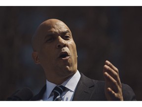 Democratic presidential candidate Sen. Cory Booker, D-N.J. talks to the crowd during a hometown kickoff for his national presidential campaign tour at Military Park in downtown Newark, Saturday, April 13, 2019.