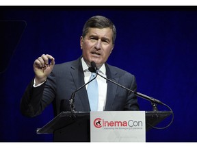Charles Rivkin, chairman and CEO of the MPAA, addresses the audience during the "State of the Industry" presentation at CinemaCon 2019, the official convention of the National Association of Theatre Owners (NATO) at Caesars Palace, Tuesday, April 2, 2019, in Las Vegas, Nev.