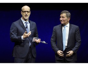 John Fithian, left, president and CEO of the National Association of Theatre Owners (NATO), and Charles Rivkin, chairman and CEO of the Motion Picture Association of America (MPAA), address the audience during CinemaCon 2019, the official convention of NATO, at Caesars Palace, Tuesday, April 2, 2019, in Las Vegas.