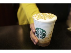 FILE- In this March 5, 2019, file photo Esmeralda Chapparro, a Starbucks barista, moves a finished Cloud Macchiato coffee drink to the counter as she works at a store in the company's headquarters building in Seattle's SODO neighborhood. Starbucks Corp. reports earns on Thursday, April 25.